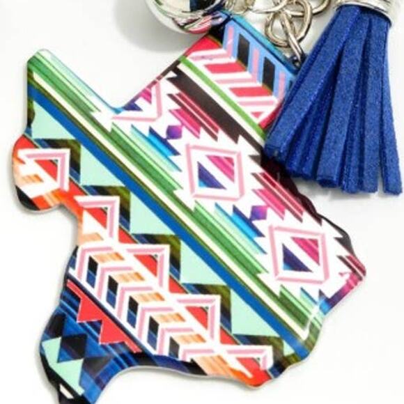 Blue Pink Green Aztec Southwestern State of Texas Tassel Keychain Bag Charm - Picture 2 of 3